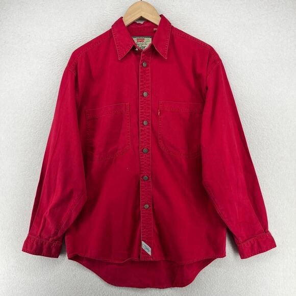LEVIS Shirt Mens S Denim Metal Button Up Long Sleeve 90s Cotton Twill Red VTG - Picture 1 of 15